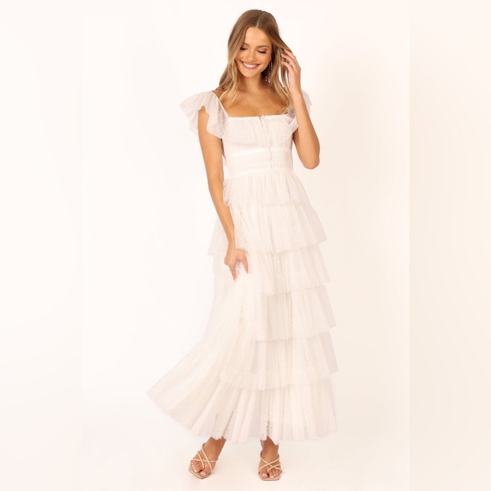 White Petal and Pup Belle Swiss Dot Tulle Tiered Maxi Dress